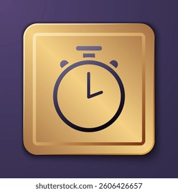 Purple Stopwatch icon isolated on purple background. Time timer sign. Chronometer sign. Gold square button. Vector Illustration