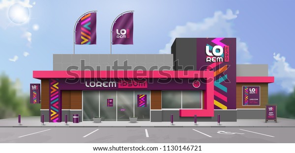 Purple store design with
color geometric shapes. Elements of outdoor advertising. Corporate
identity