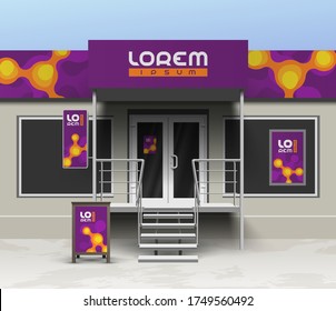 Purple store design with orange molecules. Elements of outdoor advertising. Corporate identity