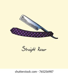 Purple straight razor, hand drawn doodle sketch with inscription, isolated vector color illustration