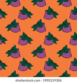 Fresa púrpura, patrón sin costuras sobre fondo naranja.