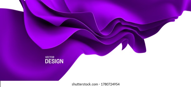 Purple streaming fabric. Abstract background. Vector 3d illustration. Wavy layered textile. Flowing silky cloth. Opening ceremony or anniversary decoration element.