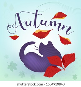 Purple Street Sad Grumpy Cat Lies and Looks at the Falling maple and wild grape Leaves. Adopt concept of homeless animals in the fall. Autumn vector illustration, banner, cover or website background.