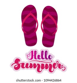 Purple striped beach slippers, flip flops and handwritten lettering "Hello Summer". Vector illustration isolated on white background. EPS10.