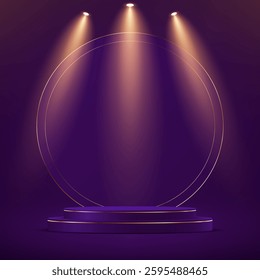 Purple studio room background. Purple color background vector 3d with purple and gold podium. Empty room with light effect. Space for selling products on the website. Vector illustration.