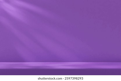 Purple studio room wall, illuminated by sunlight through foliage with tabletop. Product presentation template.