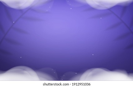 Purple studio with smoke. Studio background space with leaves shadows and shelf. Showcase premium cosmetics, luxury goods, and home appliances. Vector. Realistic style.