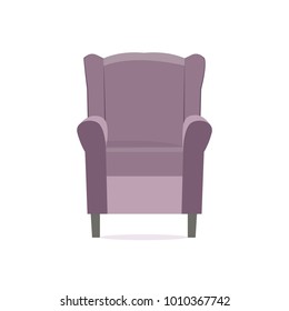 Purple stuff and wooden legs luxury armchair. Modern designer chair. Flat vector illustration isolated on the white background.