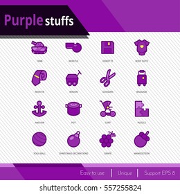 Purple stuffs vector icons set on white background.  Premium quality outline symbol collection. Stroke vector logo concept, web graphics.