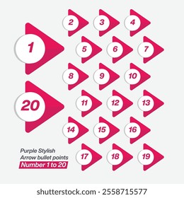 Purple Stylish arrow bullet points number 1 to 20 vector