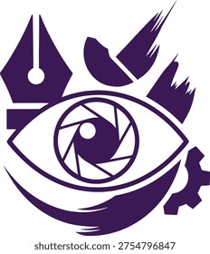 Purple stylized cat eye with camera iris and whiskers