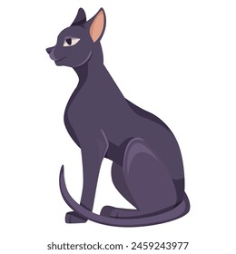 Una ilustración de gato estilizado morado, estilo plano simple, sobre un fondo blanco liso, que representa la elegancia. Ilustración vectorial