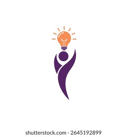 A purple stylized human figure silhouette holds an orange lightbulb above its head against a white background The style is simple and minimalist