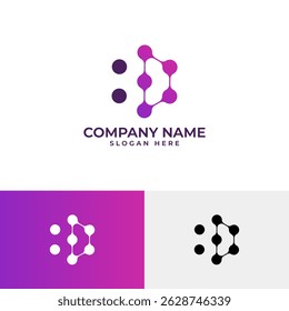 A purple, stylized logo features interconnected circles (nodes) forming a 'D' shape. This design suggests a network, connection, for brand in the technology or communication sector