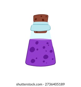 Purple stylized potion bottle with a cork stopper, containing a bubbling magical liquid, representing a vital health item or mysterious concoction in a fantasy game setting