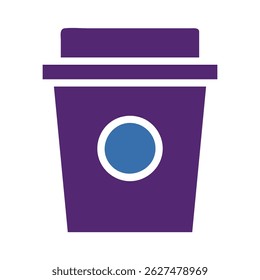 A purple stylized takeaway cup with a blue circle emblem. Represents a simple coffee or drink icon. Suitable for cafes, shops, and service related designs.