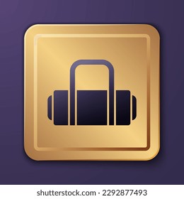 Purple Suitcase for travel icon isolated on purple background. Traveling baggage sign. Travel luggage icon. Gold square button. Vector