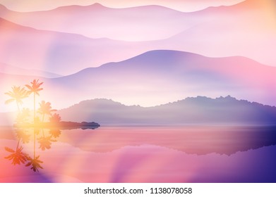 Purple summer background with sea and palm trees