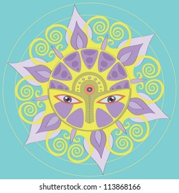 Purple Sun/ Sun with face/ High resolution vector image.