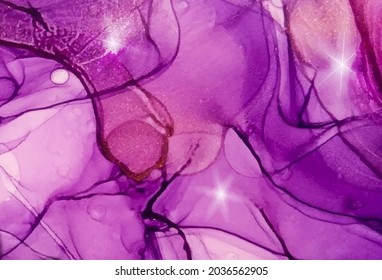 Purple with sun glare marble texture. Alcohol ink technique. Painted by hand with alcohol ink. Abstract vector background. Banner, poster design. 