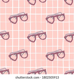 Purple sunglasses ornament seamless pattern. Doodle summer print with soft pink chequered background. Perfect for wallpaper, textile, wrapping paper, fabric print. Vector illustration.
