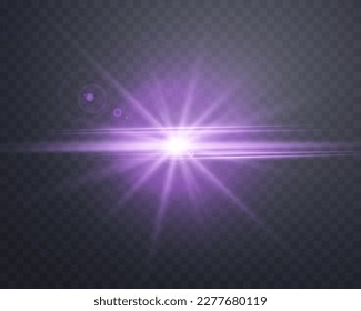 Purple sunlight lens flare, sun flash with rays and spotlight. Glowing burst explosion on a transparent background.