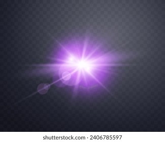 Purple sunlight lens flare, sun flash with rays and spotlight. Glowing burst explosion on a transparent background.