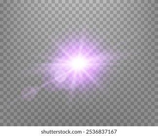 Lente de luz solar roxa flare, flash solar com raios e holofote. Explosão de explosão brilhante em um plano de fundo transparente.