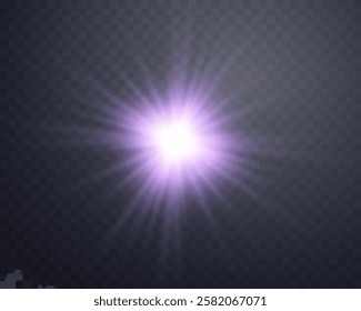 Purple sunlight lens flare, sun flash with rays and spotlight. Glowing burst explosion on a transparent background.