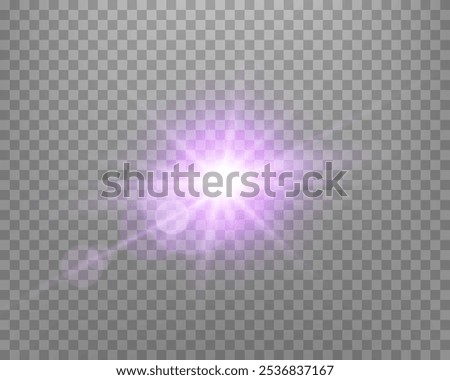 Purple sunlight lens flare, sun flash with rays and spotlight. Glowing burst explosion on a transparent background.