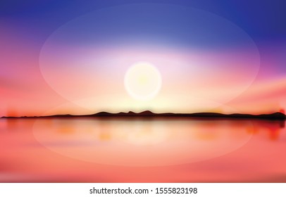 Purple Sunset Blurred Vector Background. Purplish Red Orange Gradient Mesh. Trendy Out-of-focus Effect. Dramatic Saturated Colors. HD format Proportions. Horizontal Layout