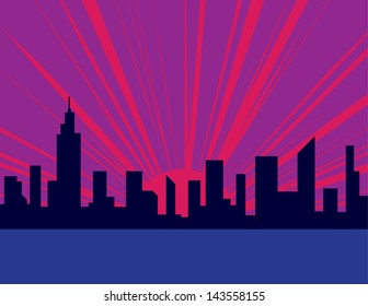 Purple sunset city buildings and water 