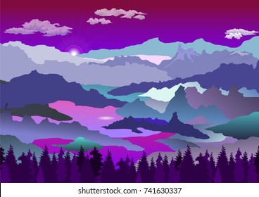 Purple sunset. Color vector image of a mountain landscape.