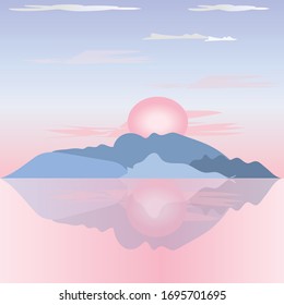 Purple sunset in the mountain sea flat illustration