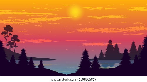 purple sunset over the pine forest and sea vector iillustration, nature landscape, lake or ocean