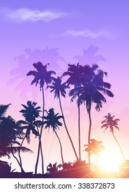 Purple sunset palms silhouettes vector poster background