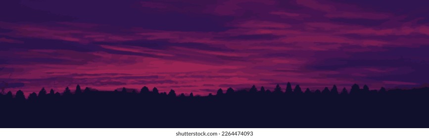 Purple sunset in a pine forest with trees silhouette