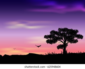 Purple sunset with rain tree silhouette , vector- eps 10