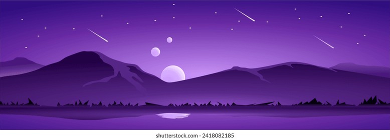 purple sunset with three sun landscape vector illustration