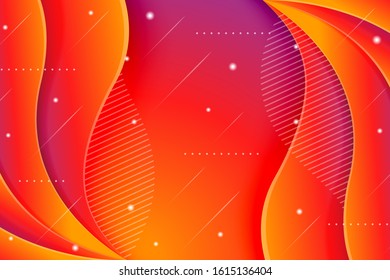 Purple Sunset Vector Background. Purplish Red Orange Gradient Mesh. Trendy focus Effect. Dramatic Saturated Color. wave paper cut style with line pattern and circle ornament. Horizontal Layout.