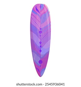 Purple Surfboard Shortboard with Indian feather patterns. summer vibes and water sports enthusiasts. Gradient summer surfboard with a colorful pattern