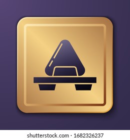 Purple Sushi on cutting board icon isolated on purple background. Asian food sushi on wooden board. Gold square button. Vector Illustration