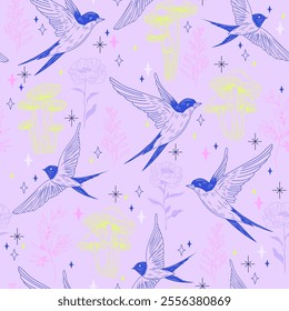Purple Swallow Bird Seamless Pattern with Mushrooms, Flowers, and Nature Elements. Hand-Drawn Vector background