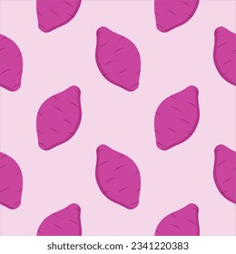 Purple sweet potato seamless pattern vector illustration, flat design for use as wallpaper, wrapping paper, background or backdrop. Tasty vegan . Organic product. Culinary ingredient.