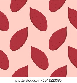 Purple sweet potato seamless pattern vector illustration, flat design for use as wallpaper, wrapping paper, background or backdrop. Tasty vegan . Organic product. Culinary ingredient.