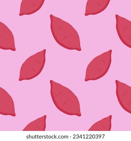 Purple sweet potato seamless pattern vector illustration, flat design for use as wallpaper, wrapping paper, background or backdrop. Tasty vegan . Organic product. Culinary ingredient.