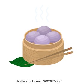 Purple sweet taro steamed buns. Chinese pastries with purple sweet potato Yam Bao Ube Pao. Vector of Steam taro yam buns in wooden steamer with sticks. Icon with asian meal isolated on white