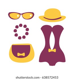 Purple swimsuit with beach accessories. Colorful cartoon Illustration