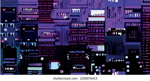 Purple Synthwave Buildings Background. Illustration Vector Cartoon Drawing
