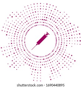 Purple Syringe icon isolated on white background. Syringe for vaccine, vaccination, injection, flu shot. Medical equipment. Abstract circle random dots. Vector Illustration